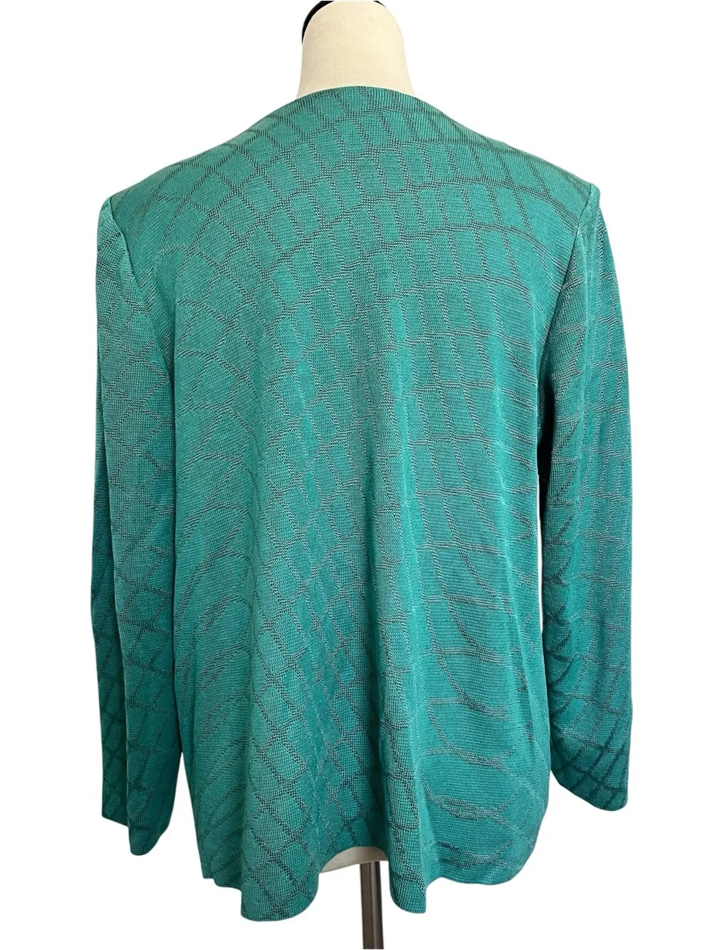 Ming Wang XL Turquoise Black Abstract Knit Open Front Cardigan Jacket Office